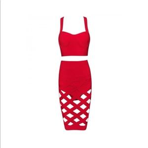 Red Cutout Bandage Two Piece Crop Skirt Set